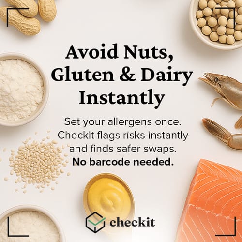 Text overlay on a food safety infographic about avoiding nuts, gluten, and dairy instantly, with various nuts, seeds, a piece of raw salmon, and condiments around it.