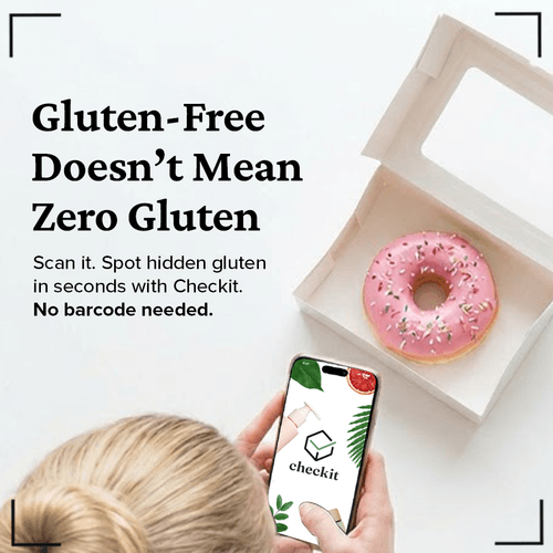 A pink frosted donut with sprinkles inside an open white box, with a person holding a phone displaying a Checkit logo, promoting gluten-free product scanning without barcode needed.