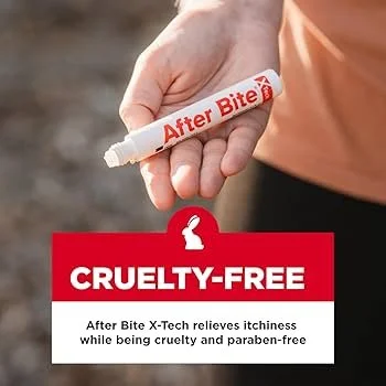 A hand holding a tube labeled 'After Bite' with a Cruelty-Free sign and text about relieving itchiness without cruelty or parabens.