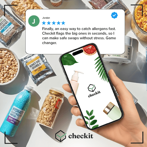 A smartphone with the Checkit app open in hand surrounded by various snack and health products, including granola, hydration drinks, and snack bars, used for allergen tracking and review.